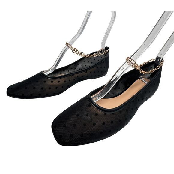 LOFT Black Dotted Mesh Ballet Flats Gold Chain Ankle Strap Women’s 11M - Picture 2 of 12